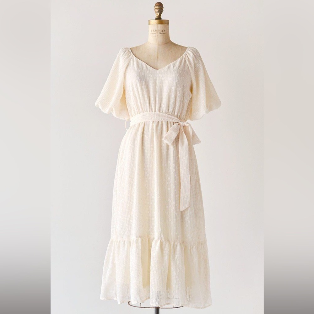 Blu Pepper Belted Cream Dress with Puff Sleeves